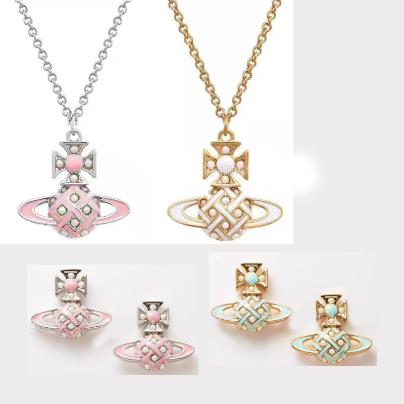 Empress Dowager's New Color Gel Dropping Stereo Saturn Pearl Necklace Bracelet Earrings suit Enamel Internet Celebrant Tiktok Cross Border