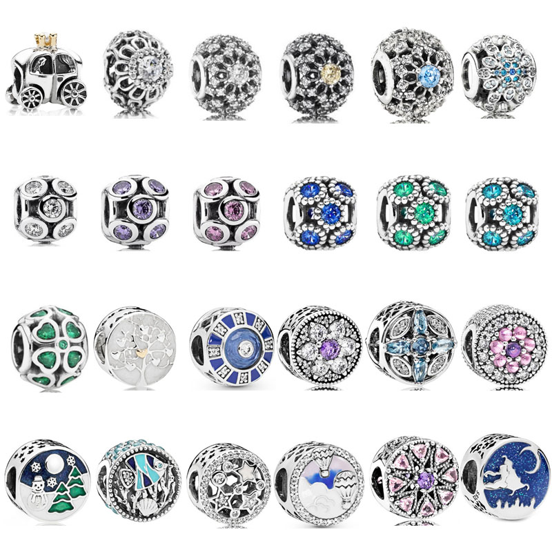 Factory Outlet pan luxuryreplica 925 Silver Clover Cinderella Pumpkin Car Ice Crystal Snowflake Drill Hanging Bead Accessories