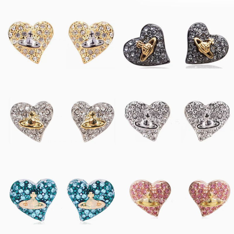 Empress Dowager's New Full Diamond Love Heart Saturn Earrings Women's Fashion Elegant Commuter OL Design Earrings in stock