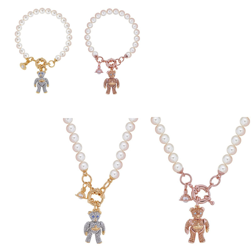 High Version Queen Mother vivi  luxuryreplica  Sweet Activity Joint Pearl Bear Saturn Bracelet Necklace