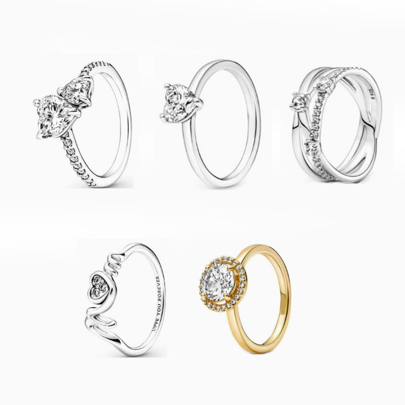 Factory direct pan luxuryreplica 925 silver mother's day new shiny double heart single stone three ring nail heart ring