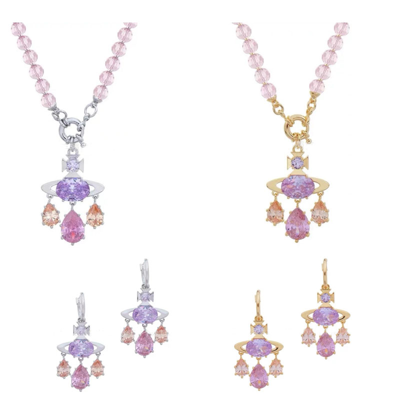 New Queen Mother's Dream Catcher Mermaid Tears Powder Amethyst Saturn Pendant Necklace Dopamine Color Zircon Earrings