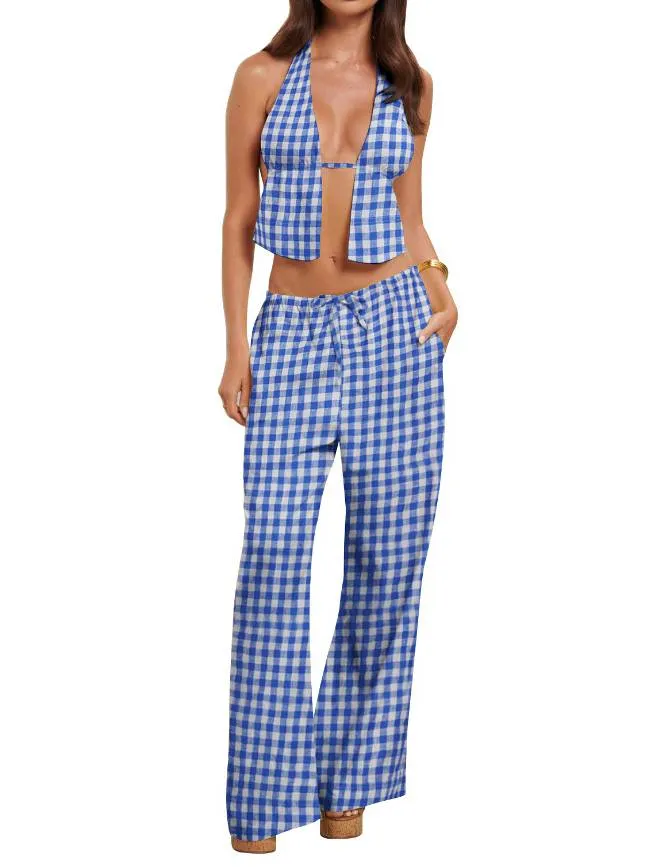 Vacation Style Halterneck Top And Wide-leg Pants Two-piece Set
