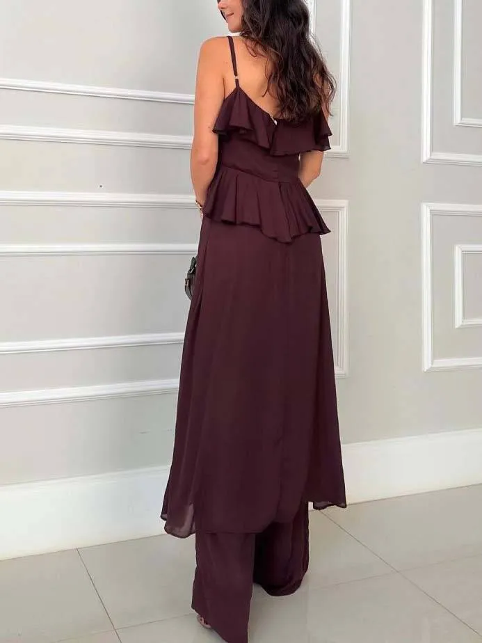 Ruffle Hem Suspender Top And Wide-leg Pants Suit