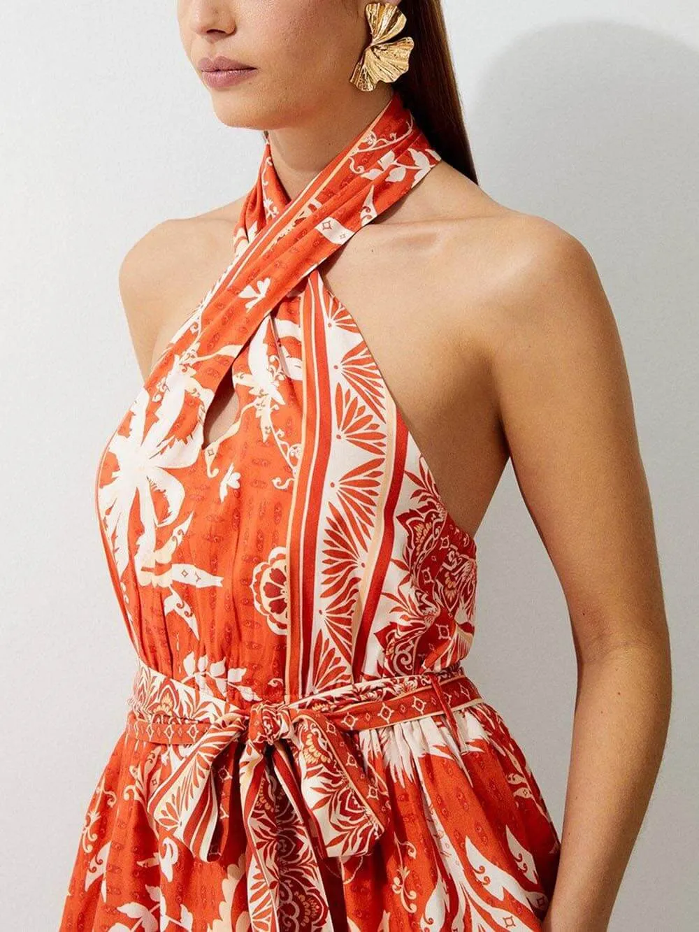 Exquisite High Waist Unique Floral Print Open Back Mini Dress