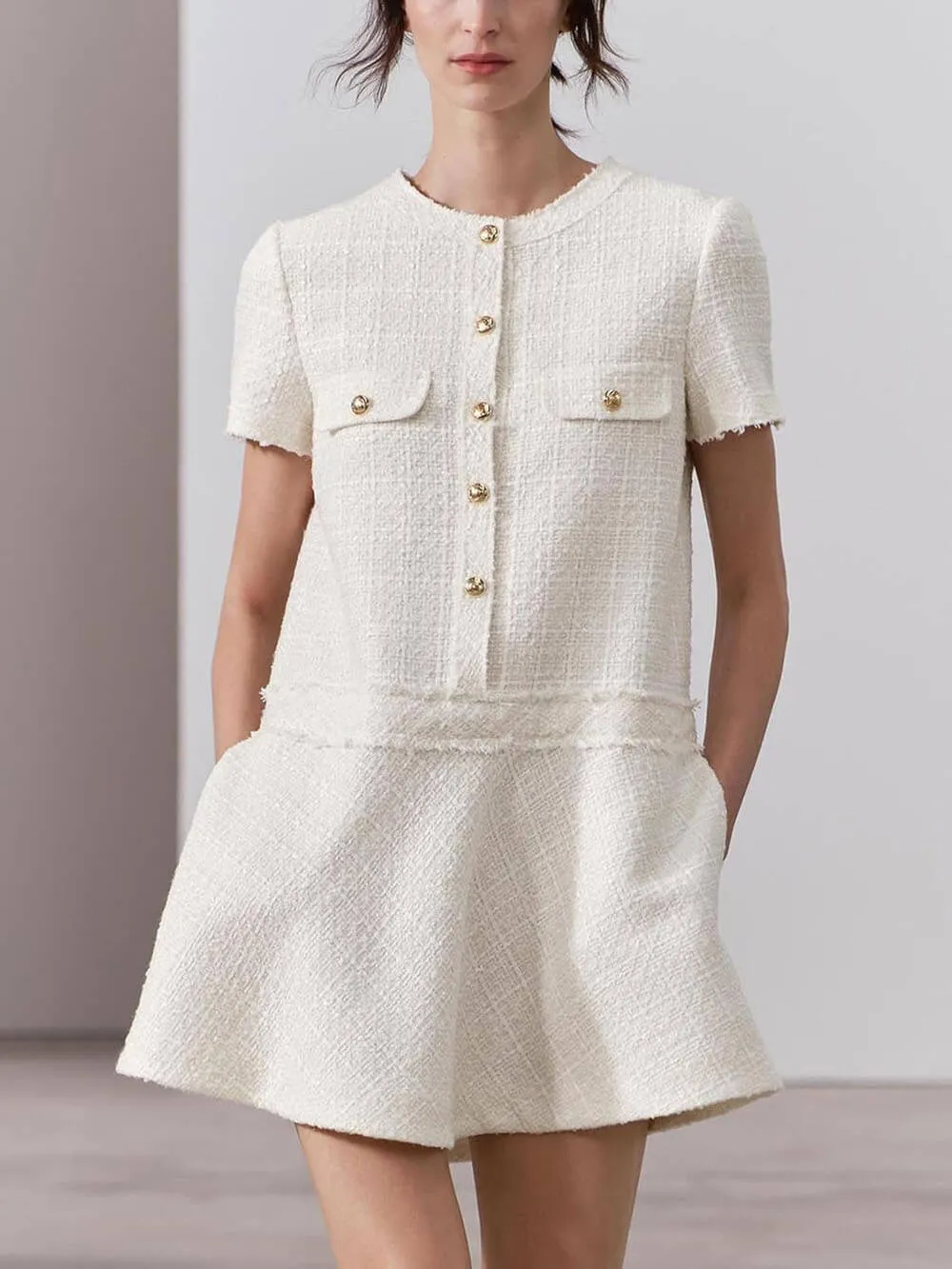 Sweet And Elegant Tweed Textured Short Sleeve Pocketed Mini Dress
