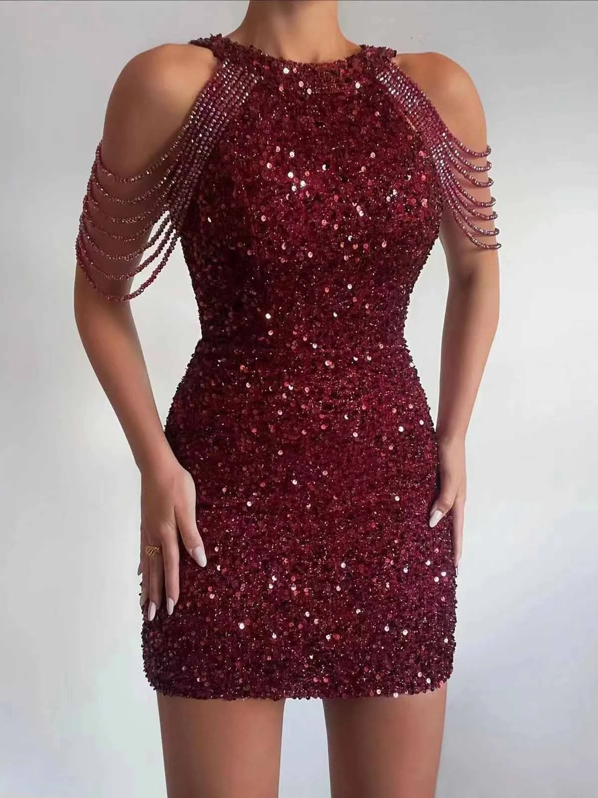 Elegant Crystal Chain Sequin Mini Dress