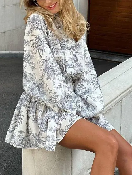 Printed Bubble Sleeve Stand Collar Dress