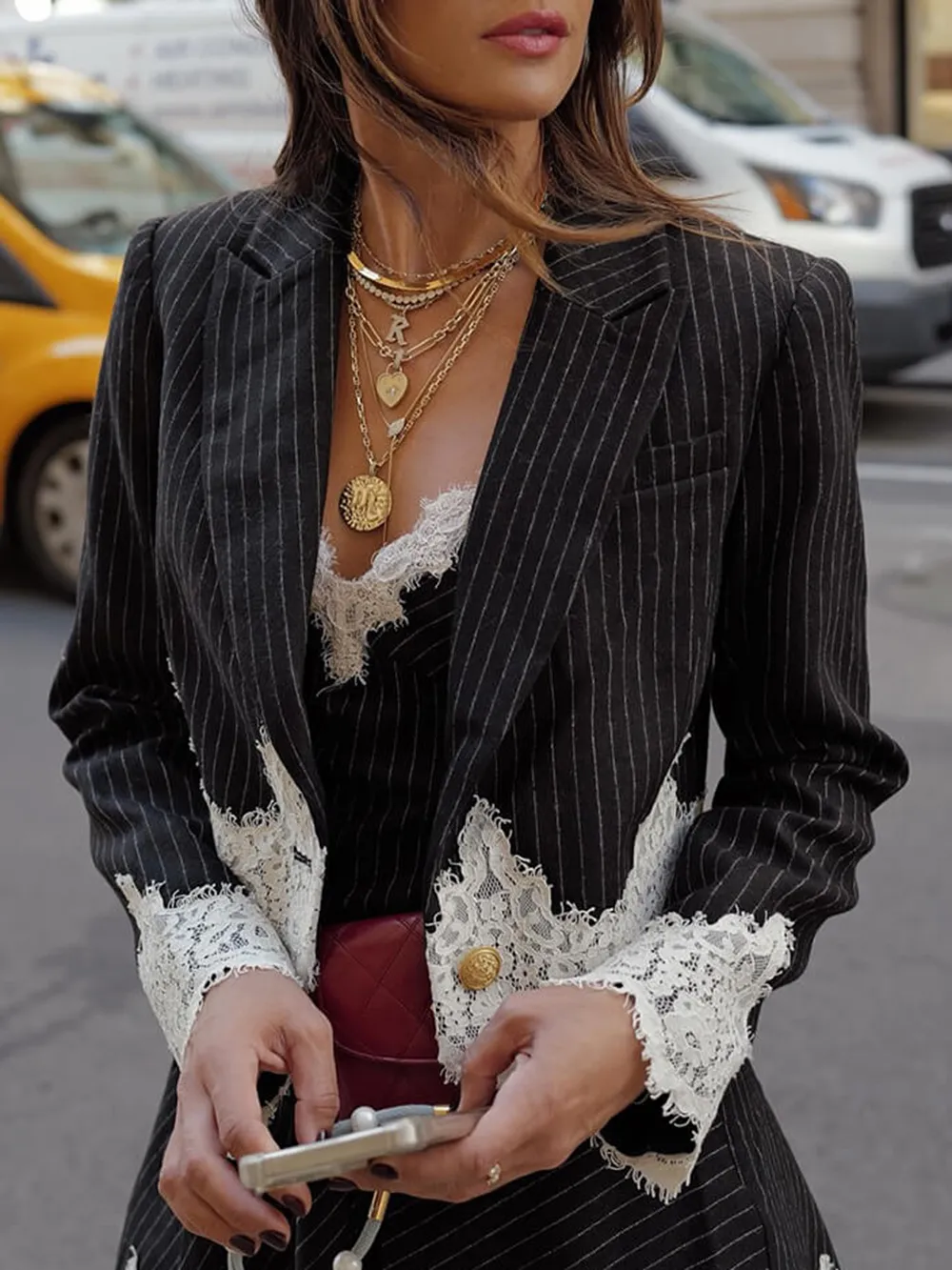 Classic Striped Lace Trim Lapel Crop Loose Blazer