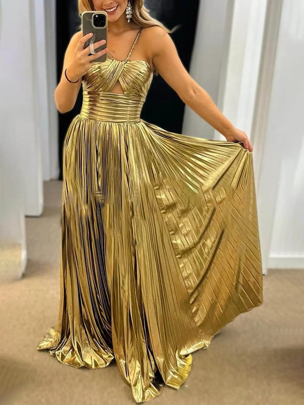 Elegant Queen Style Metallic Fabric Cross Neck Cutout Slit Pleated Maxi Dress