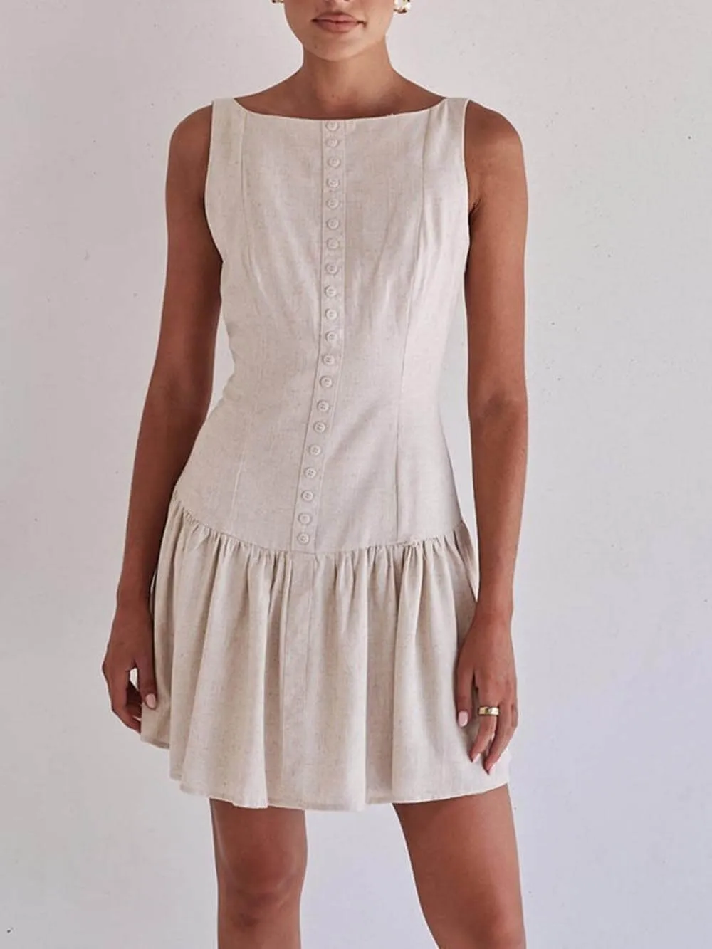 Classic Button Design Ruffle Patchwork Mini Dress