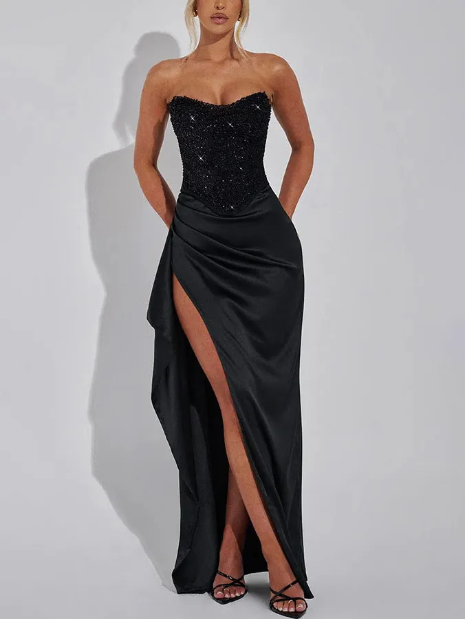 Elegant Sequined Hip-hugging Slit Maxi Dress