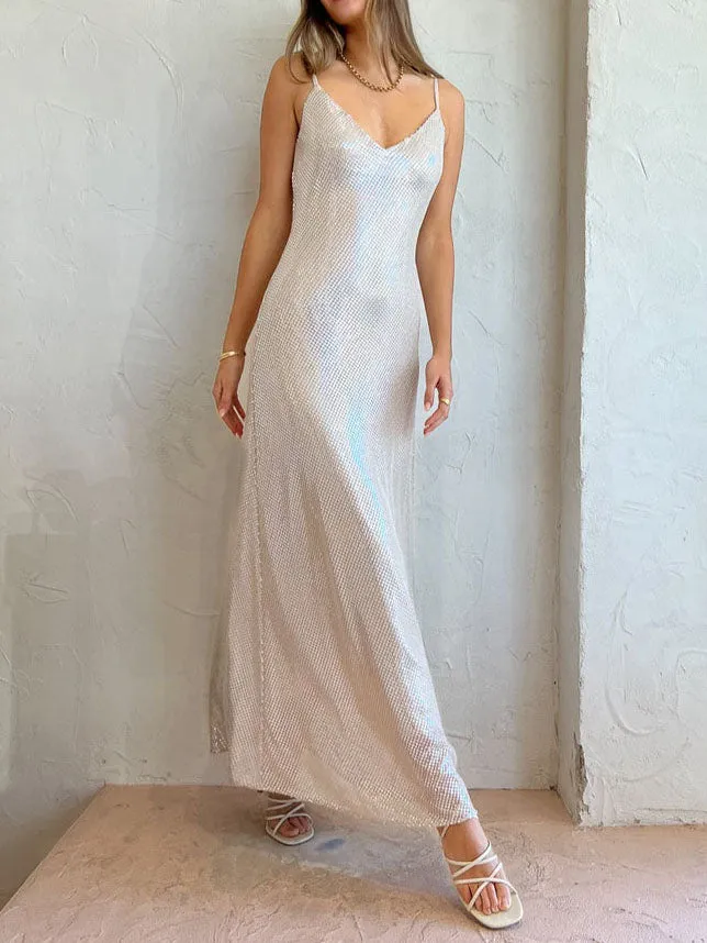 Personalized Fashion Silver Shiny Sexy Off-Shoulder Maxi Dress