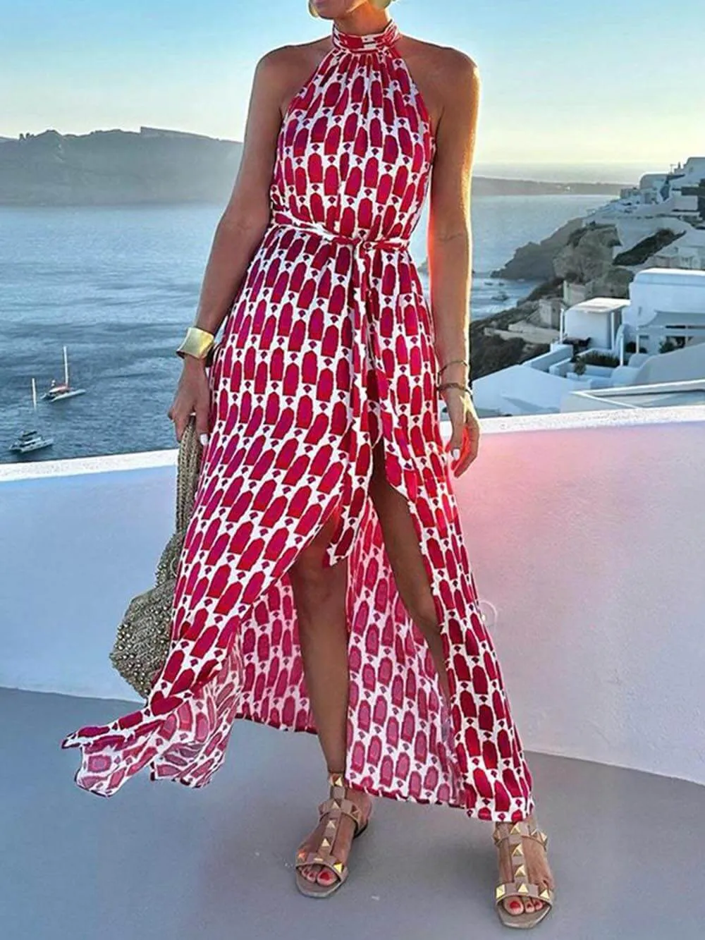 Sexy And Fashionable Printed Halter Neck Beach Slit Midi Dress