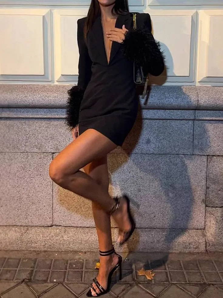 Deep V Collar Fur Stitching Blazer Mini Dress