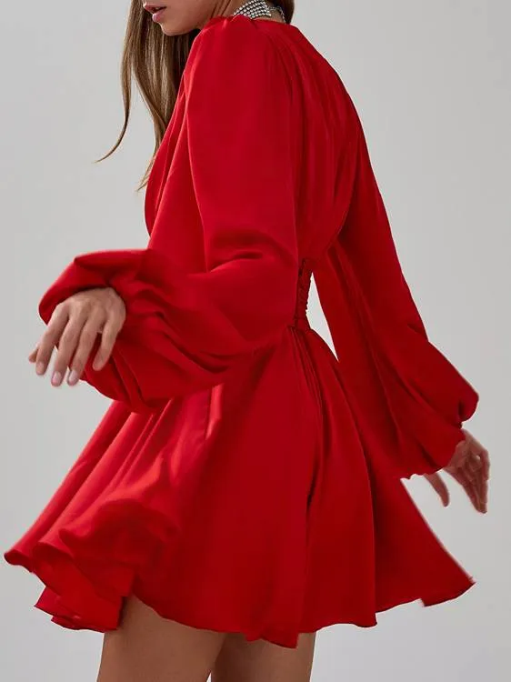 Pleated Bubble Sleeve Waist Seal Dress