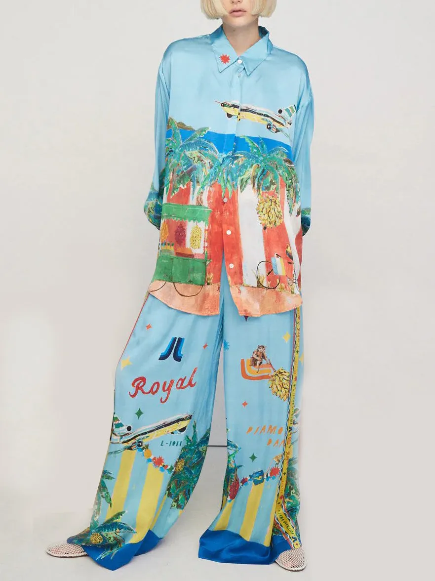 Unique Satin Painted Print Loose Shirt