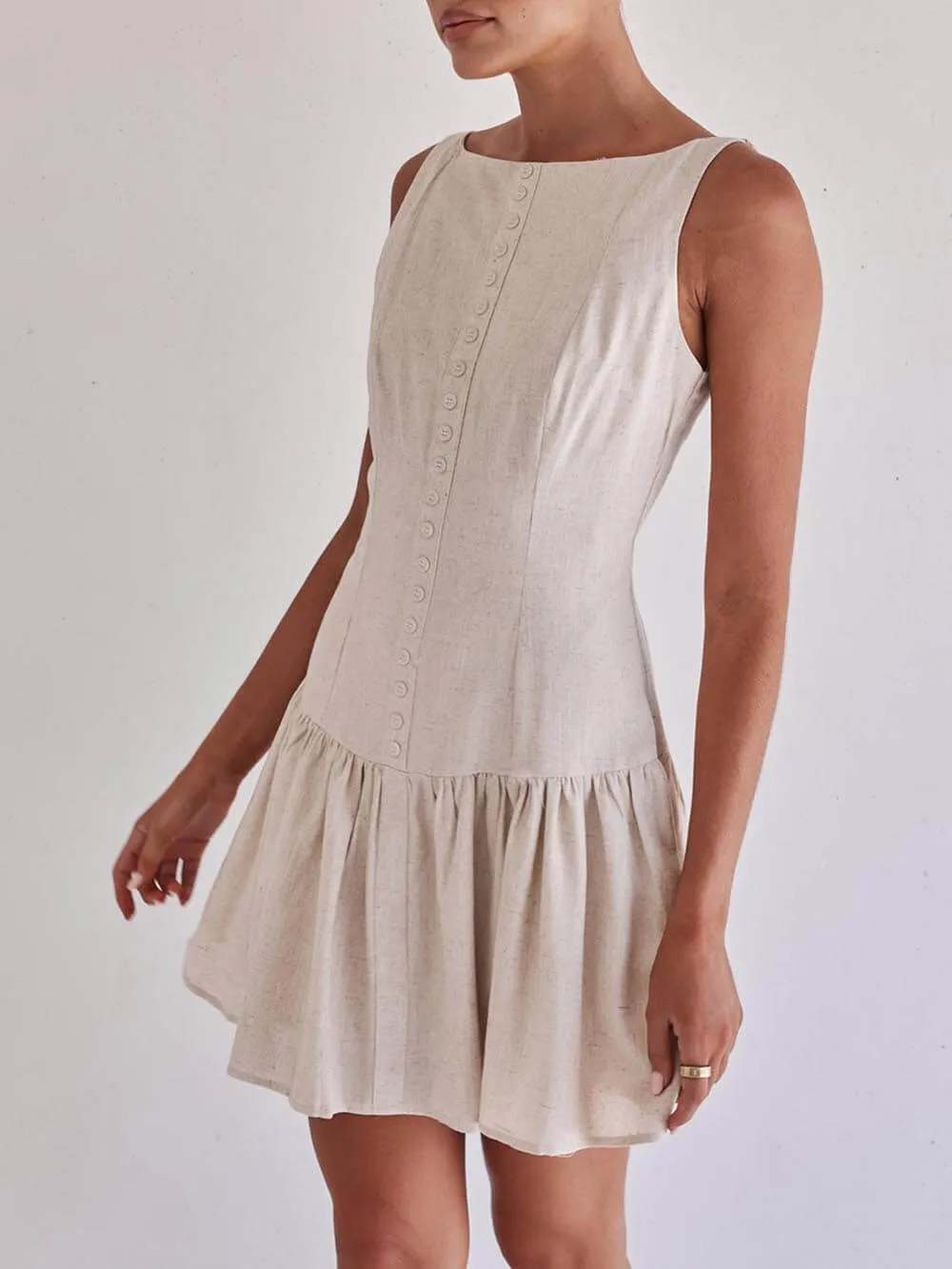 Classic Button Design Ruffle Patchwork Mini Dress