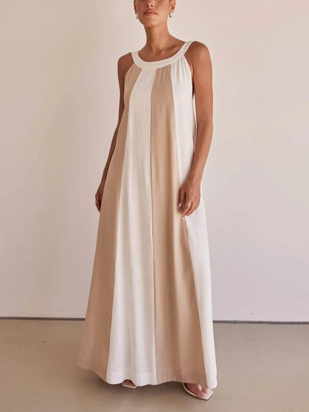 Elegant Two-Tone Stitching With Adjustable Straps A-Line Loose Maxi Dress