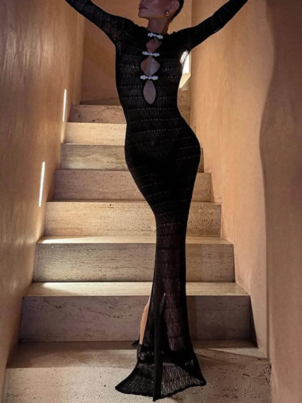 Retro Knit Contrast Spiral Trim Cutout Long Sleeve Vacation Maxi Dress