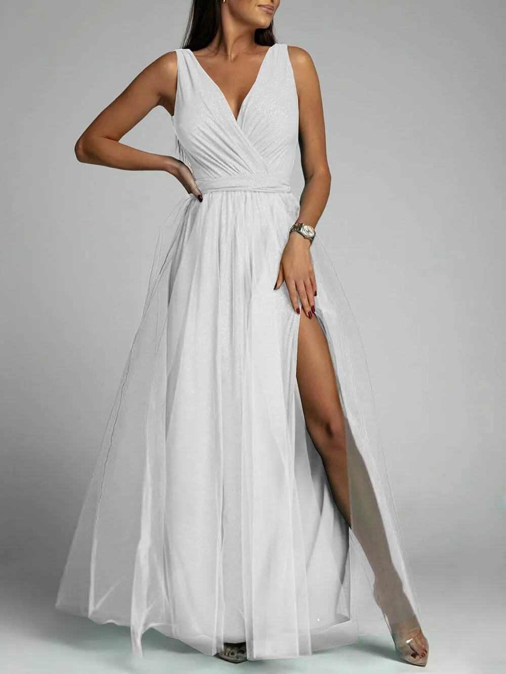 Elegant And Sexy V-Neck Waisted Slit Long Swing Maxi Dress