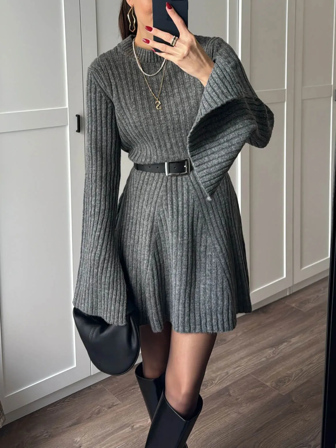 Classic Bell Sleeve Grey Mini Sweater Dress