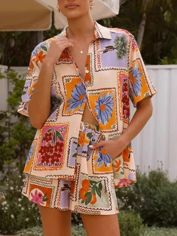 Holiday Style Printed Casual Shirt And Shorts Two-Piece Set