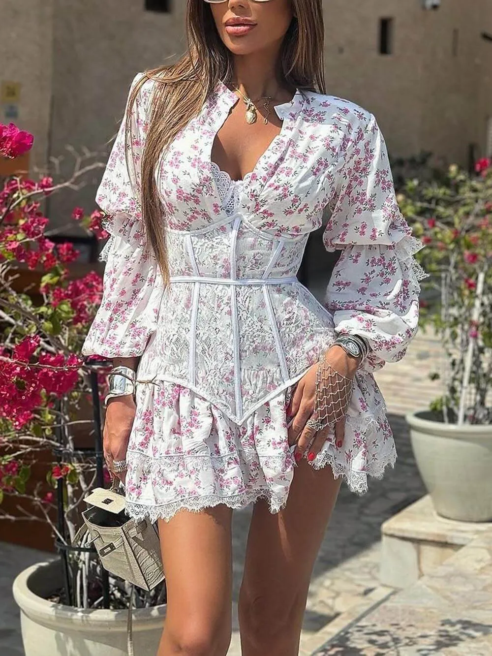 Sweet Floral Print Waisted Long Sleeve Lace Mini Dress