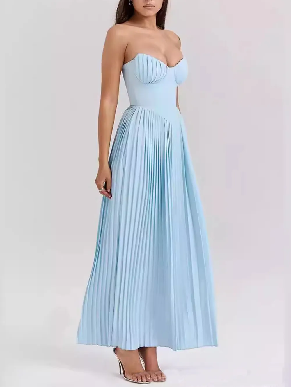 Elegant Pleated Strapless Maxi Dress