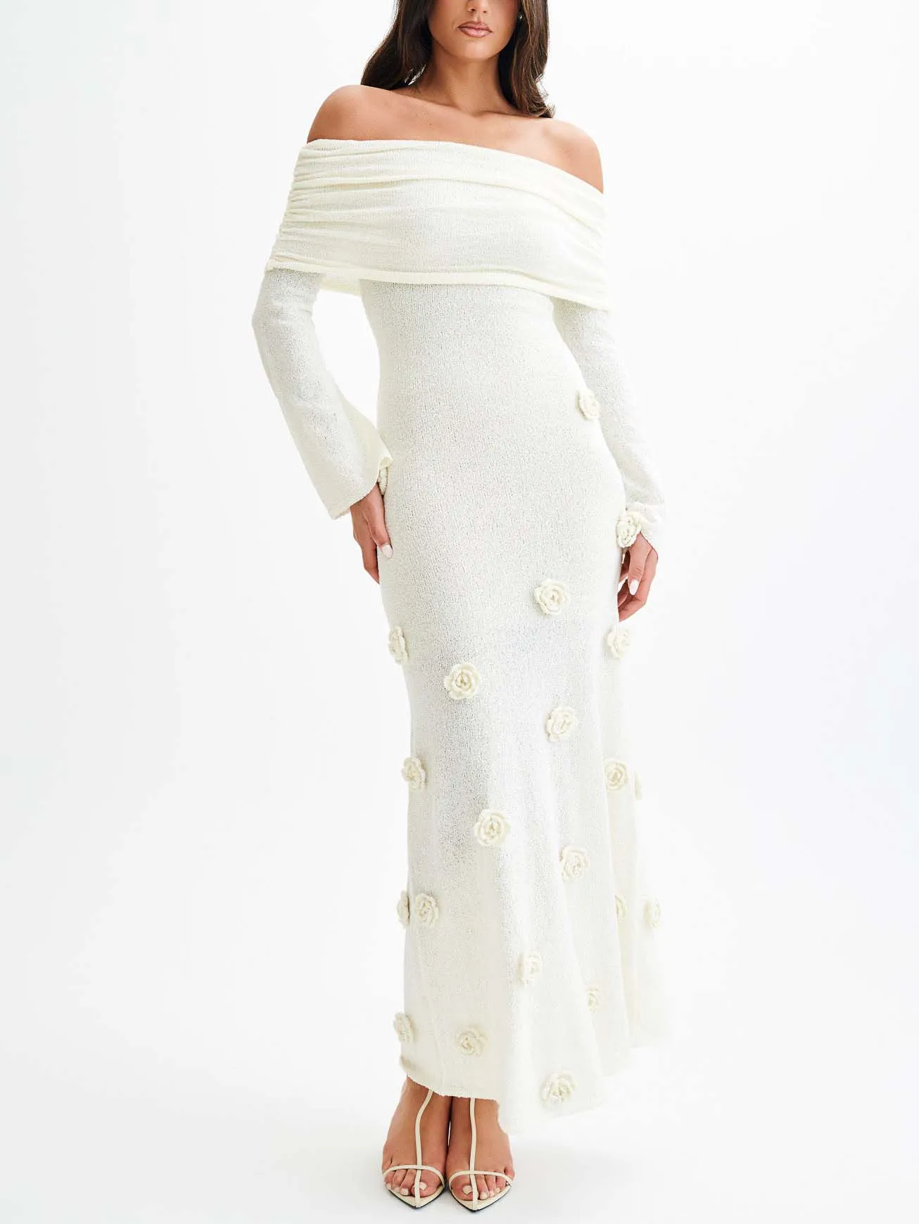 Elegant Off-shoulder Knitted Rose Maxi Dress