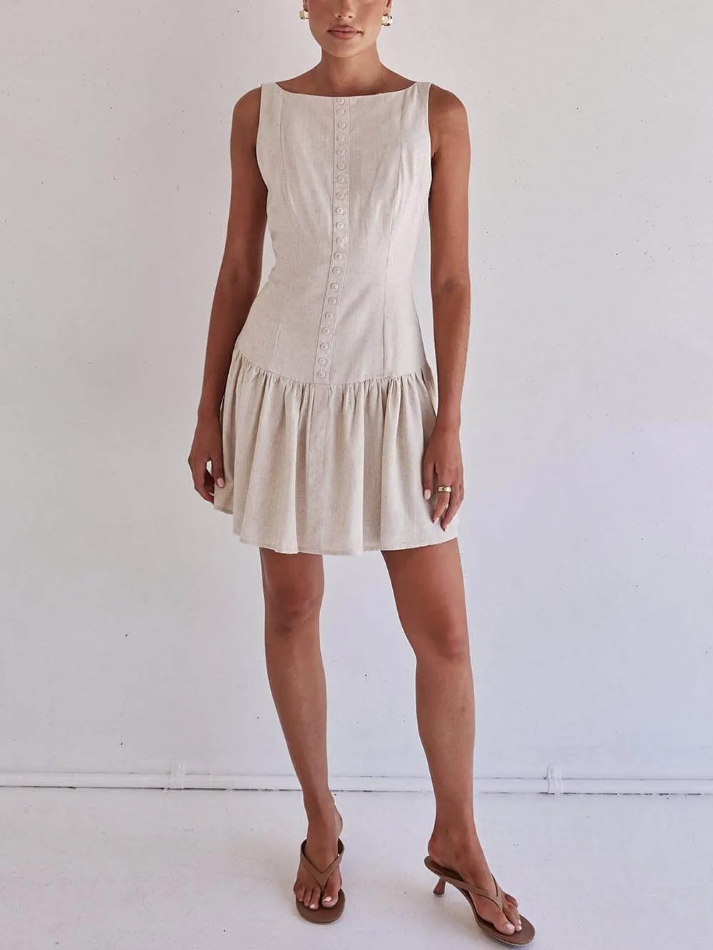 Classic Button Design Ruffle Patchwork Mini Dress