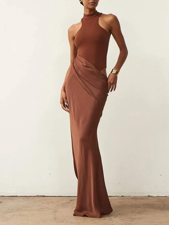 Slim-fit Stitching Hollow-out Maxi Dress