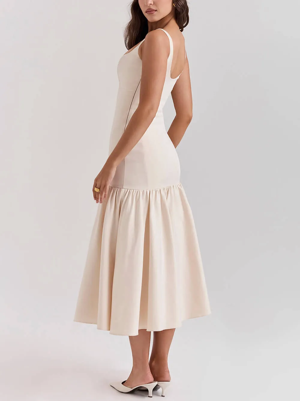 Graceful Square Neck Wide Strap Drop Waist Midi Dress