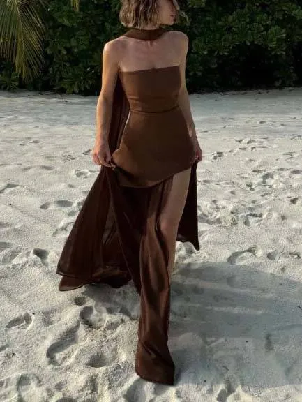 Tube Top Spliced ​​Dress with Scarf