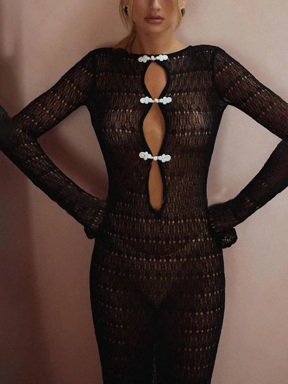 Retro Knit Contrast Spiral Trim Cutout Long Sleeve Vacation Maxi Dress