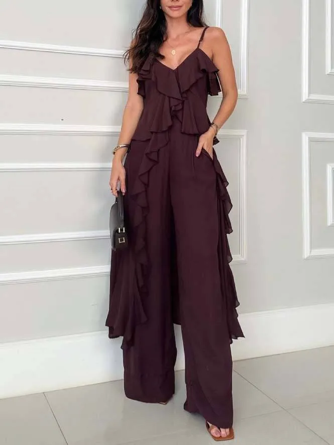 Ruffle Hem Suspender Top And Wide-leg Pants Suit
