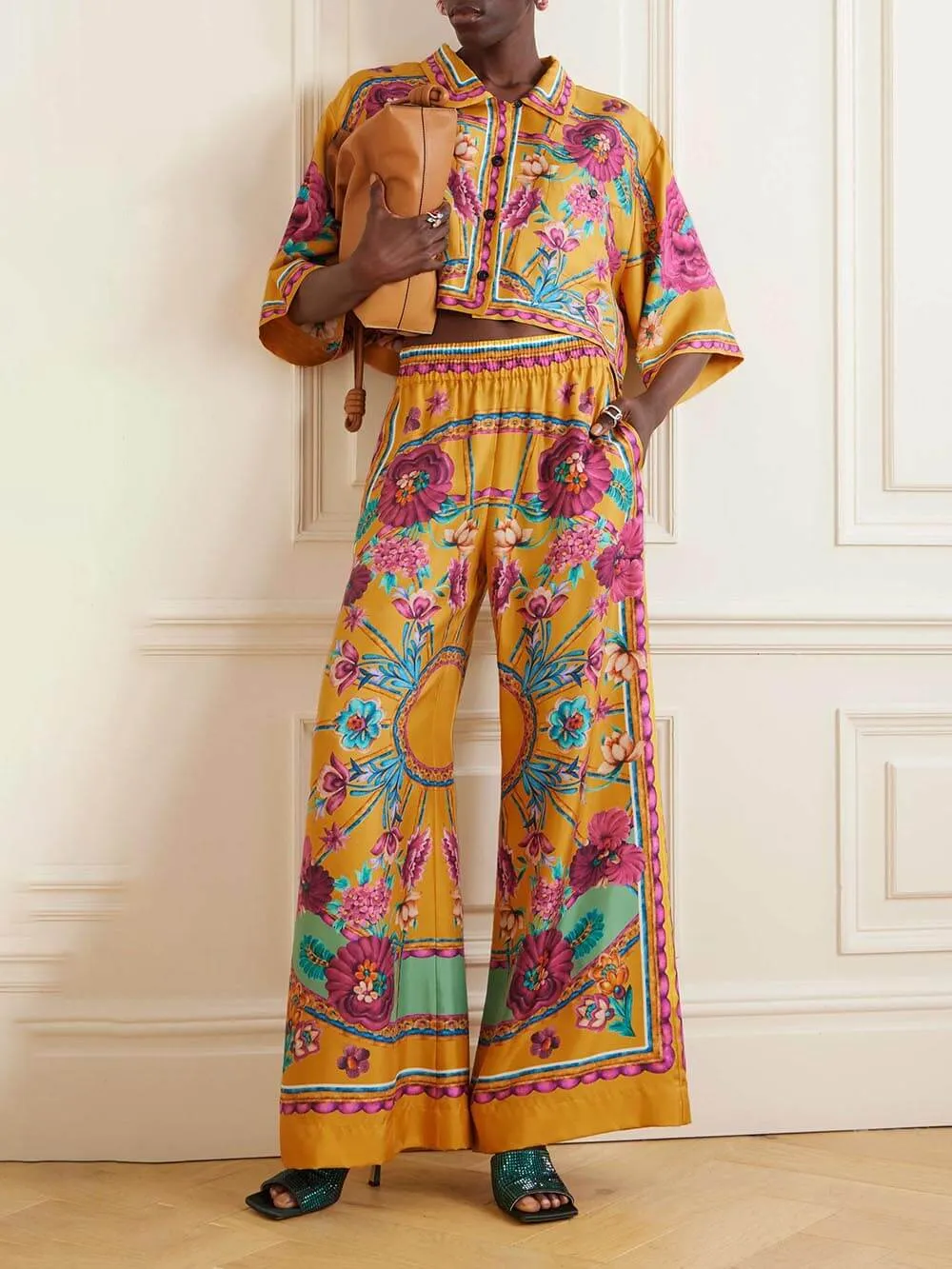Sunset Cropped Unique Floral Printed Loose Wide-Leg Pants