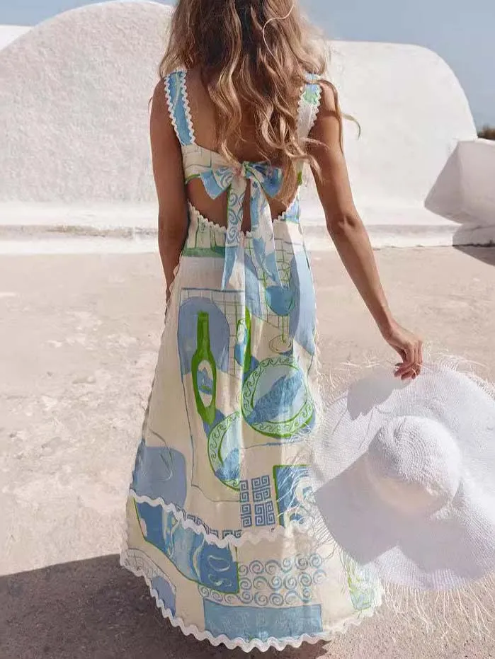 Unique Painted Print Open Back Bow Maxi Dress