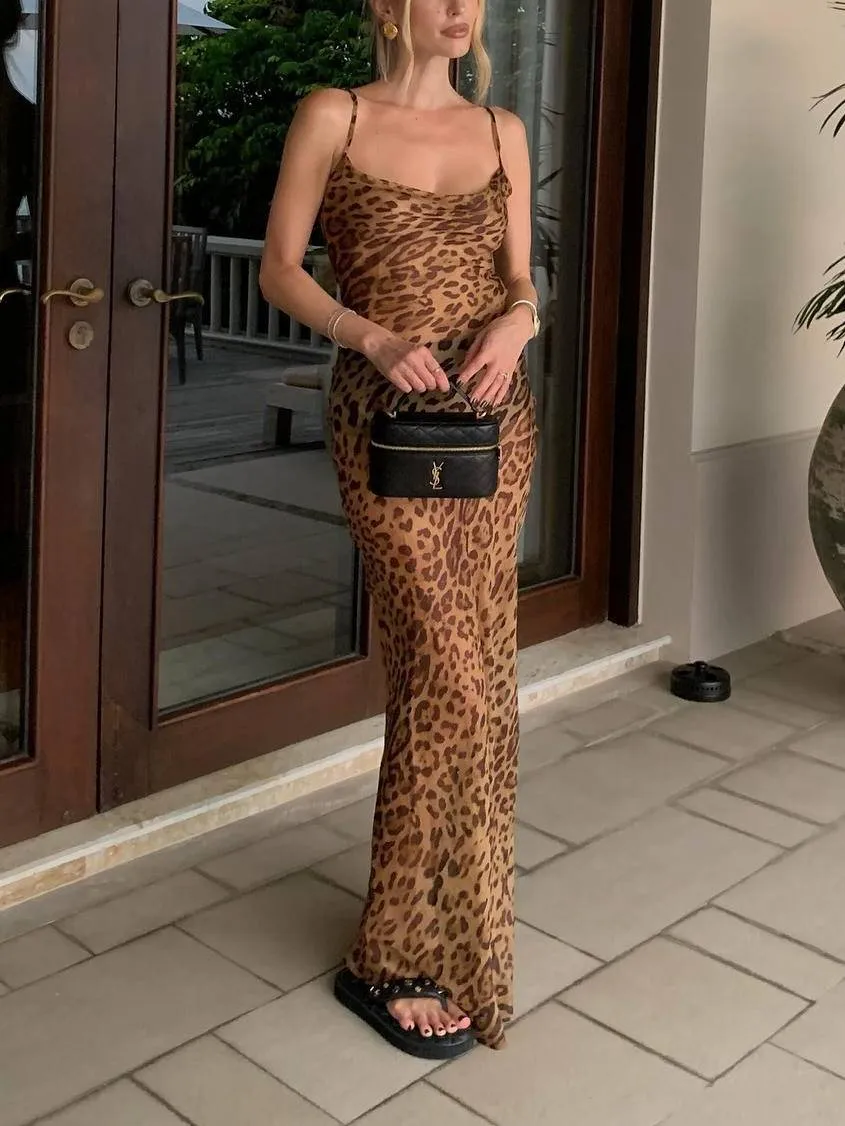 Suspender Backless Leopard Print Dress