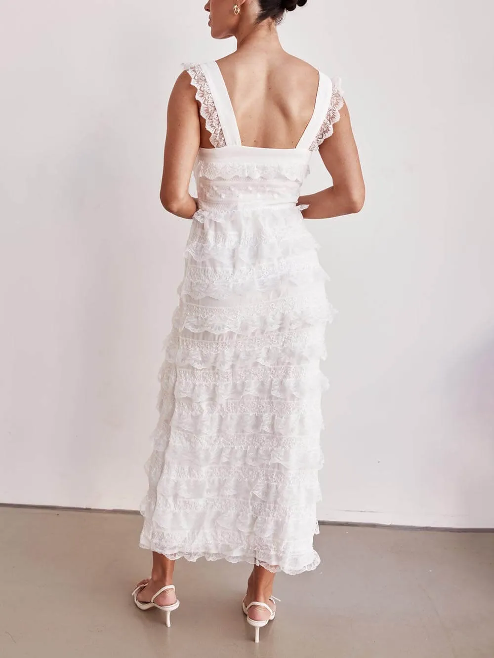 Delicate Layered Lace Detail A-Line Hem Maxi Dress