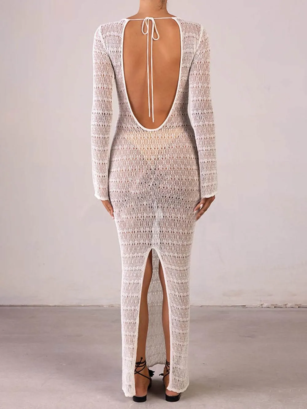 Retro Knit Contrast Spiral Trim Cutout Long Sleeve Vacation Maxi Dress