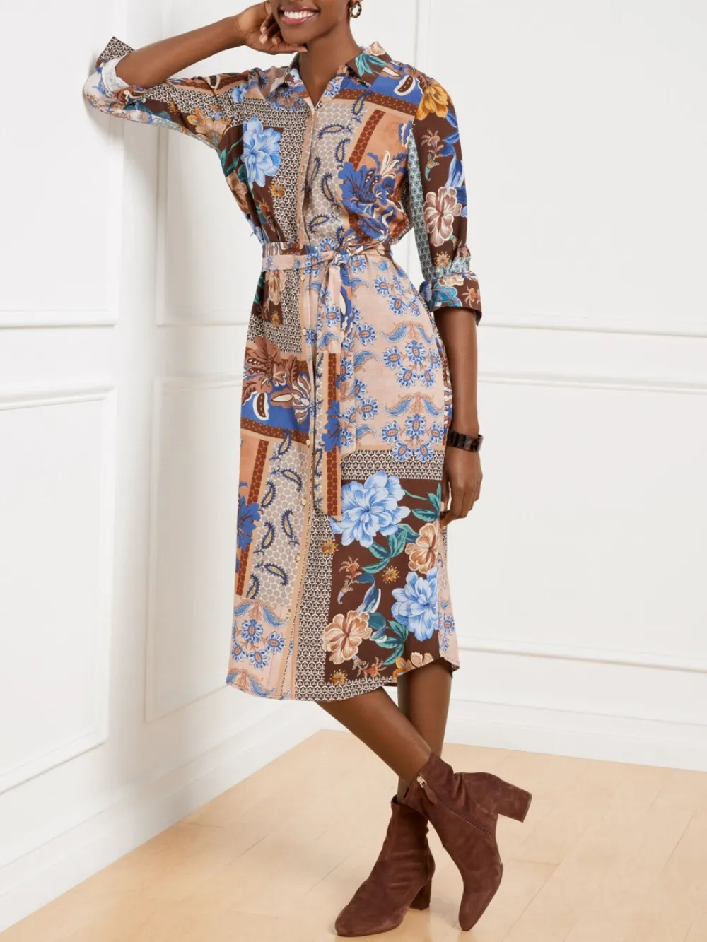 Floral Patchwork Flattering Tie Waist Shirtdress