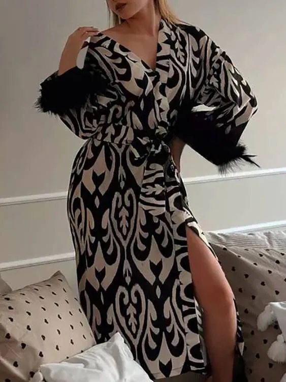 Printed Lace-Up Long Nightgown  Homewear