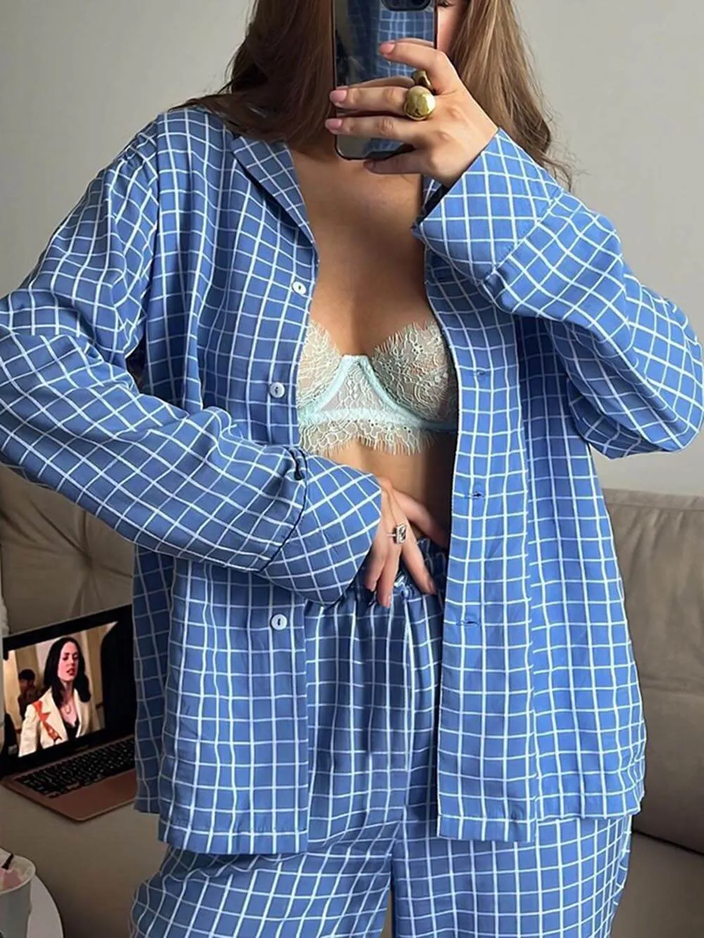 Loose-Fitting Plaid Print Long-Sleeved Home Wear Set