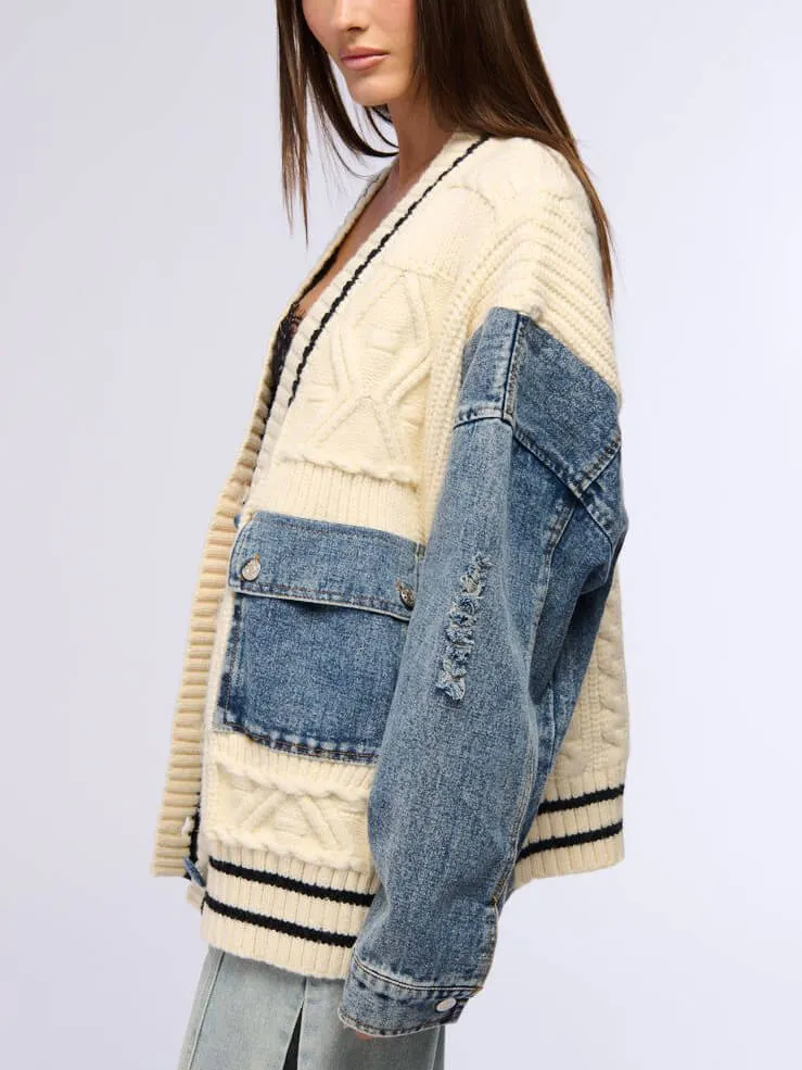 Unique Denim Patchwork Cable Knitted Coat