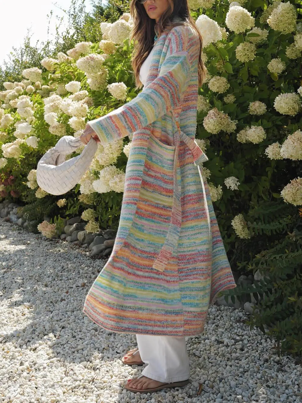 Exquisite colorful stripes with patchwork pockets long cardigan
