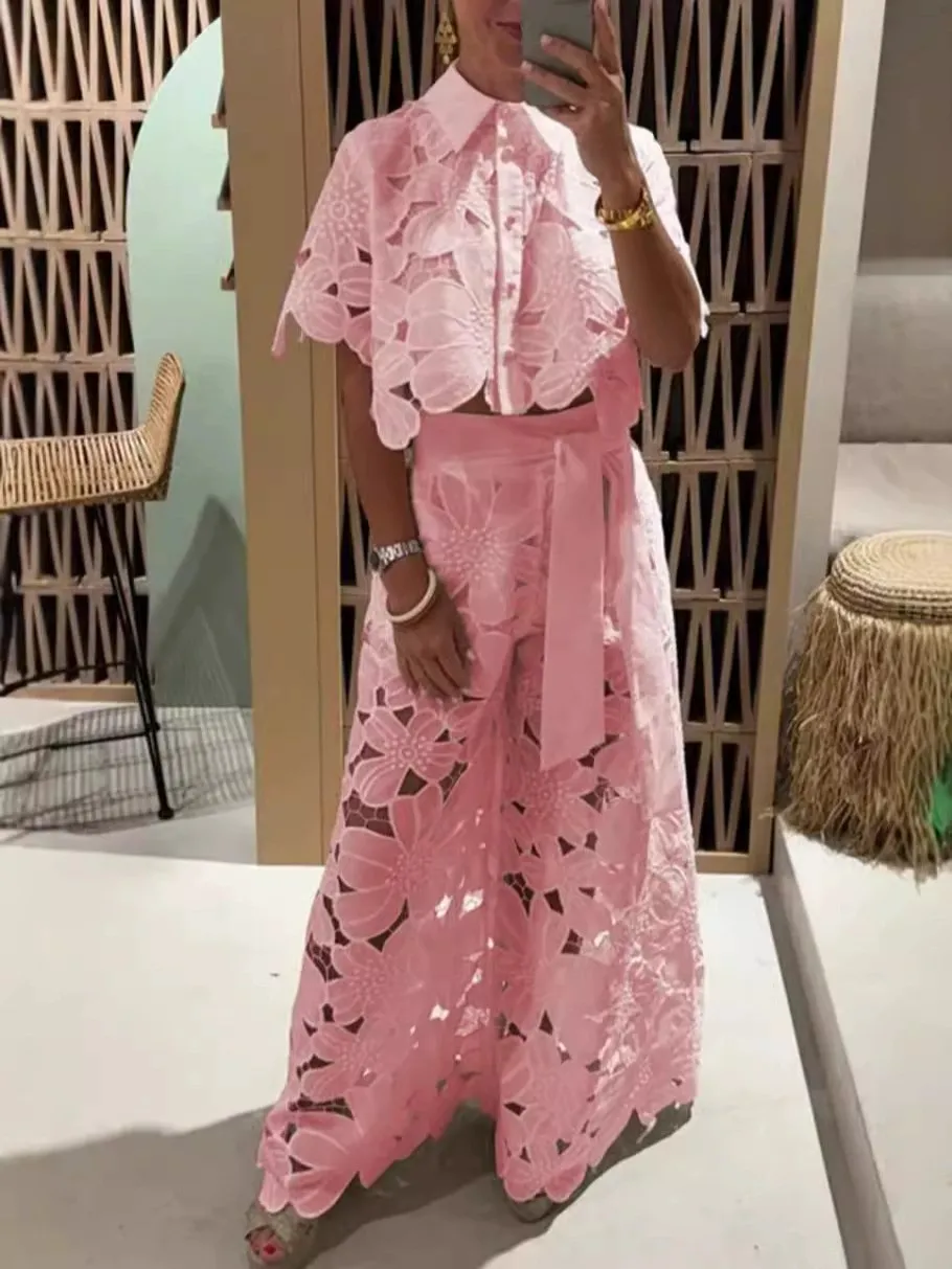 Exquisite Floral Embroidered Hollow Lace Wide-Leg Pants