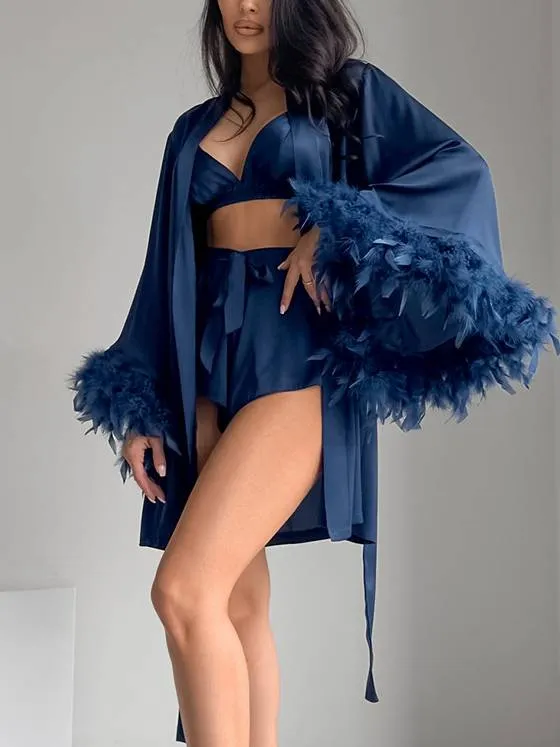 Feather Stitching Underwear Shorts Robe Three-piece Suit