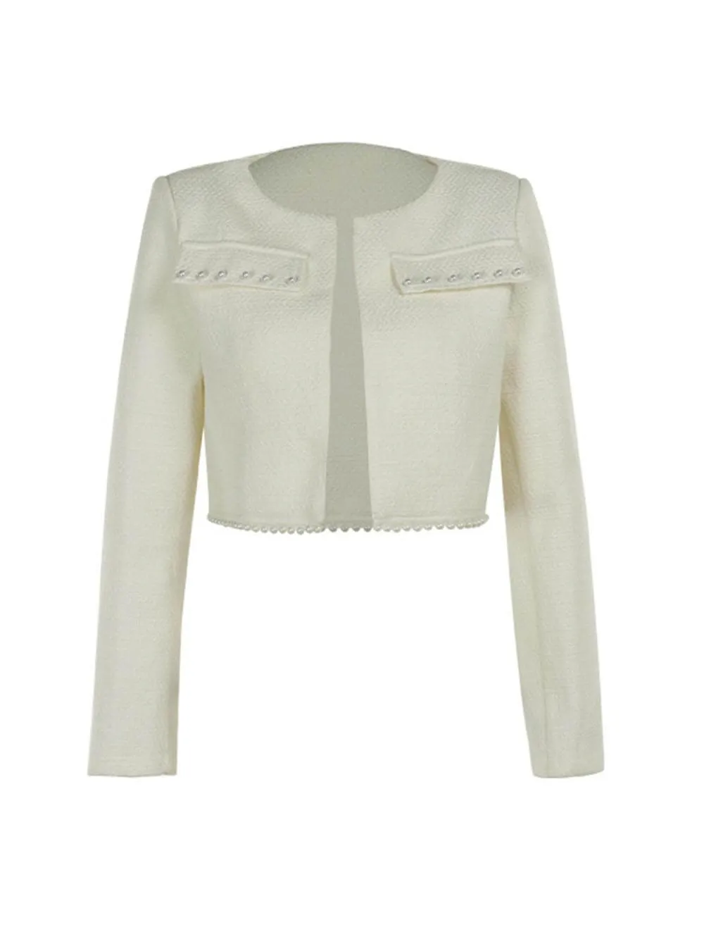 Elegant And Stylish Tweed Pearl-Embellished Long-Sleeved Jacket