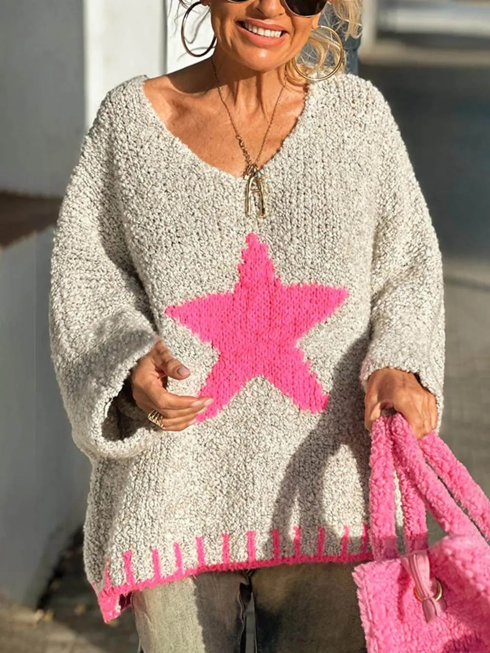 Winter Day Warm Texture Star Pattern Contrast Color Loose Sweater